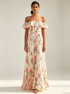2026 summer off-the-shoulder tulip print plus size slimming square neck maxi dress