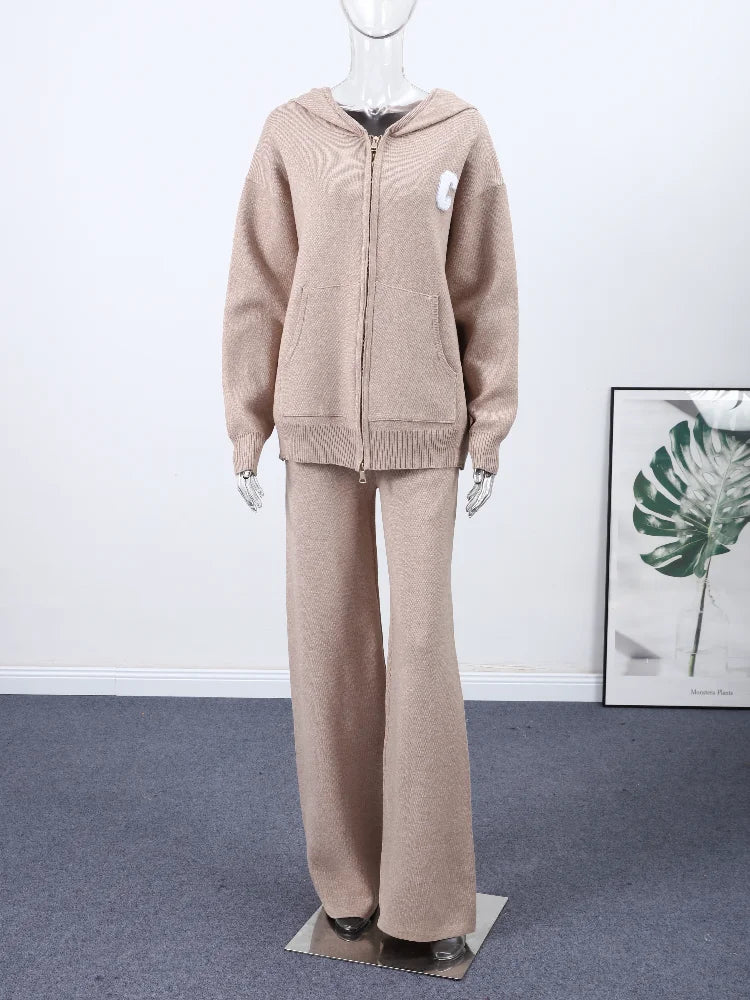 Fashion Cardigan Pants Suit Women's Hood Zipper Full Sleeve Loose Coat Straight Trousers 2025 Autumn Casual Lady 2-piece Set