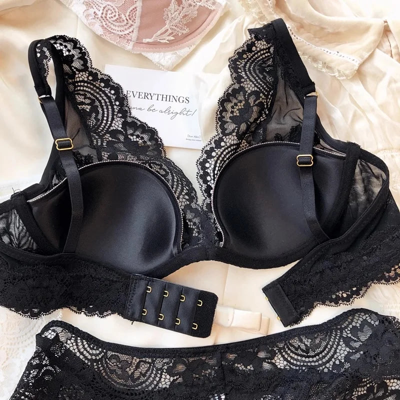 Full Lace Thin Cup Comfortable Young Girls Fashion Intimates, Wire Free Seamless Lingerie For Women Sexy Underwear Bra Pants