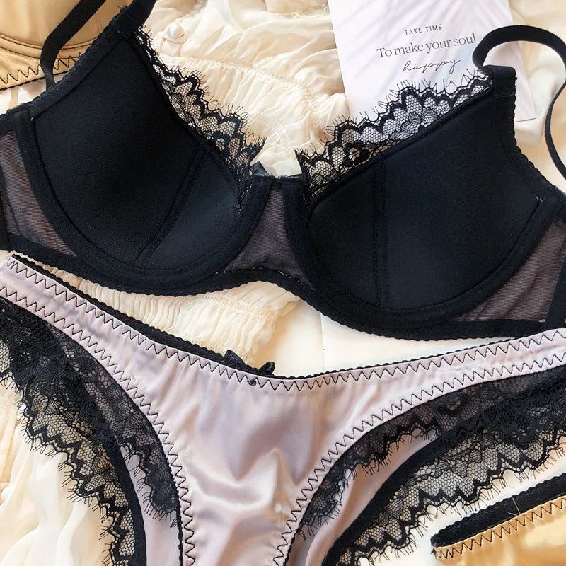 French Thin Cup Lingerie Set Sexy Lace Push Up Bra Fashion Women Silk Fabric Underwear High Quality Intimates Bras and Panties