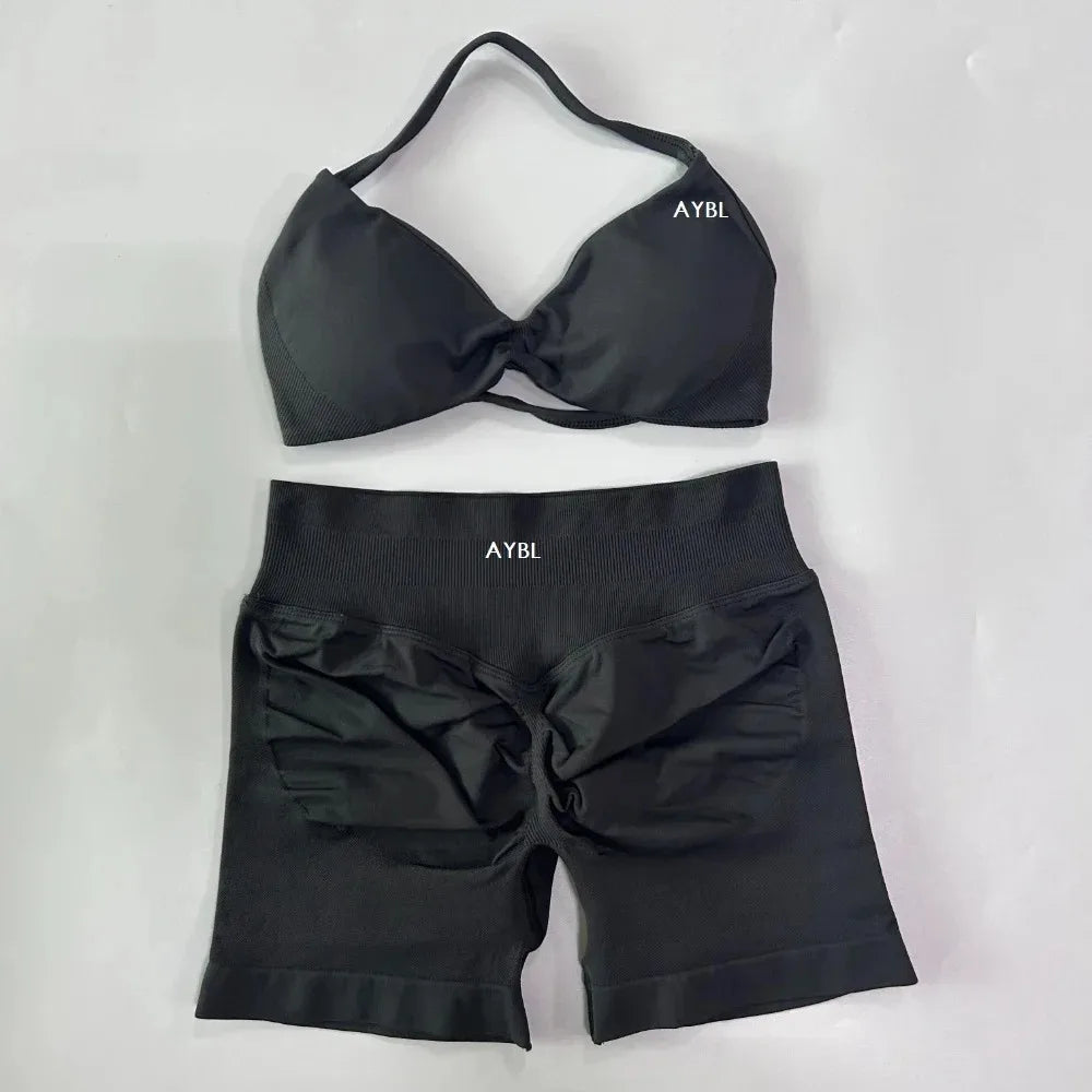AYBL 2PCS Yoga Set Gym Set Women Strappy Yoga Bra Top High Waist Workout Scrunch Shorts Sports Suit Seamless Yoga Set Fitness