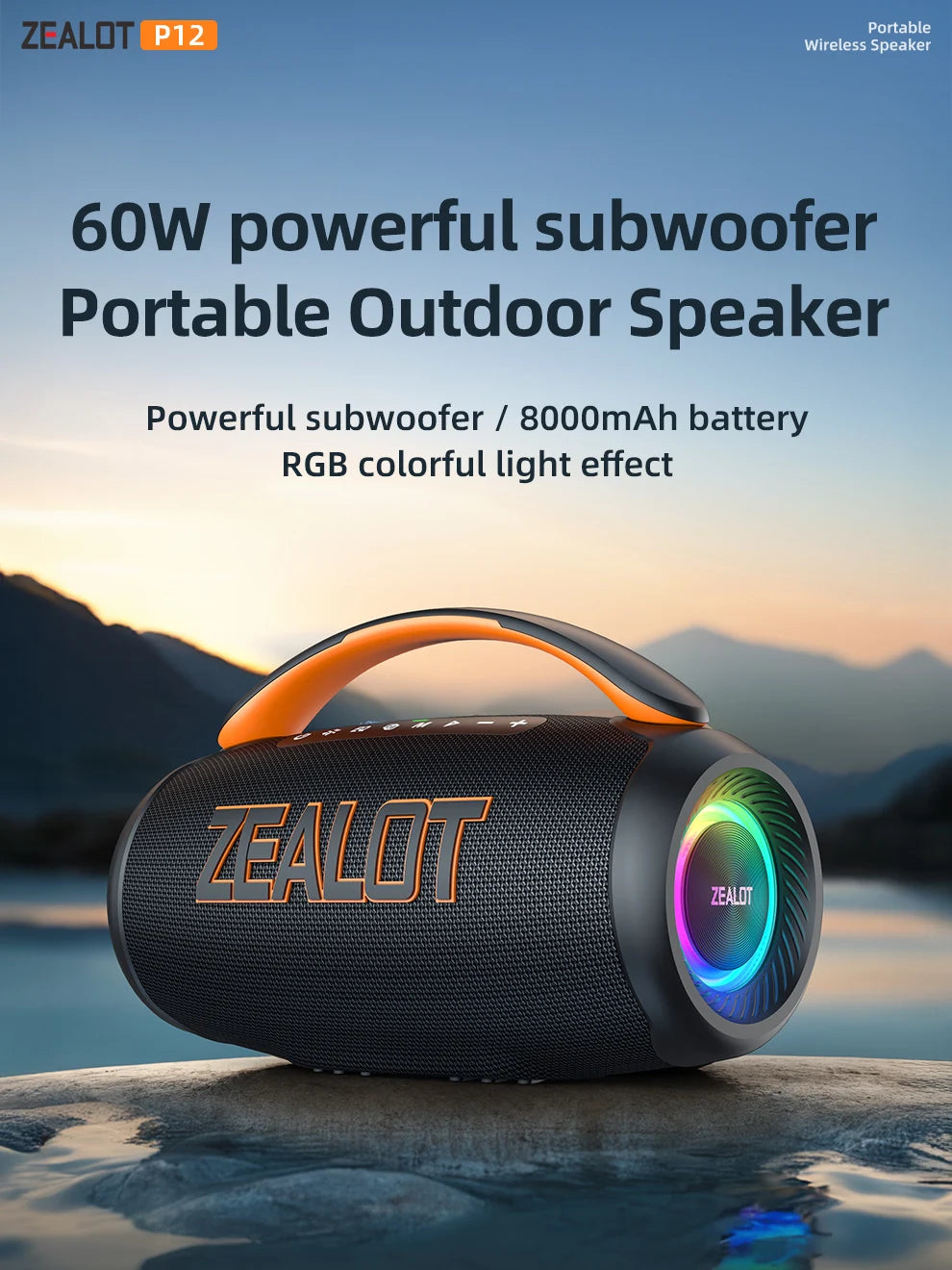 zealot-P12 Speaker 60W Bluetooth Speaker Portable Speaker with 10-Hour Playtime, Portable Handle, for Camping, Party,TWS,AUX