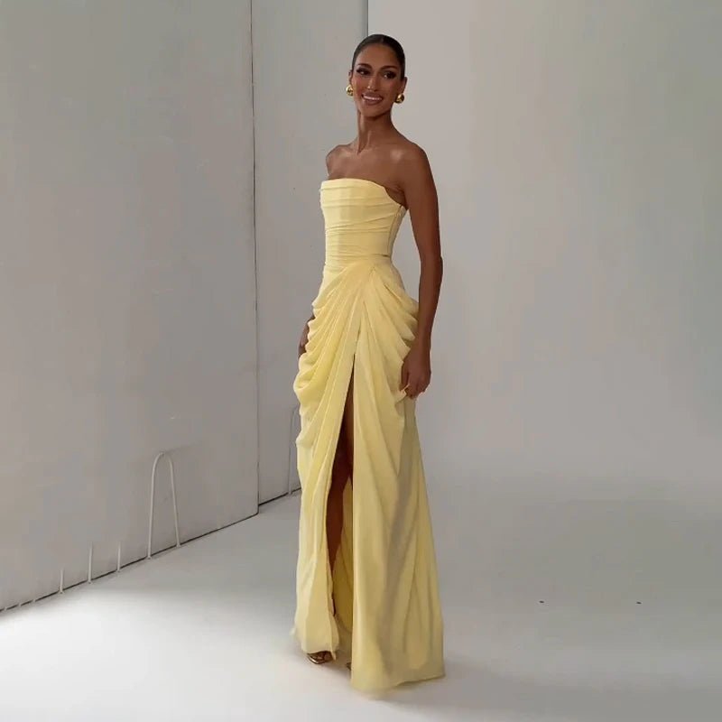 Women Solid Pleated Sexy Strapless Dress Lady Chic Off-shoulder Backless High Waist Split Dresses 2026 New Evening Party Gown