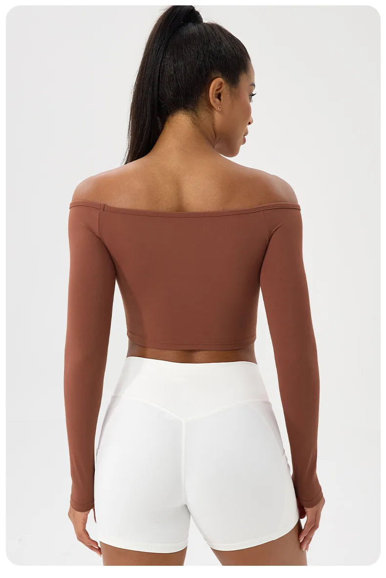 Yoga long-sleeved T-shirt women's one-shoulder sexy tight fitness wear top nude feel quick-drying sports sleeved Yoga Shirts
