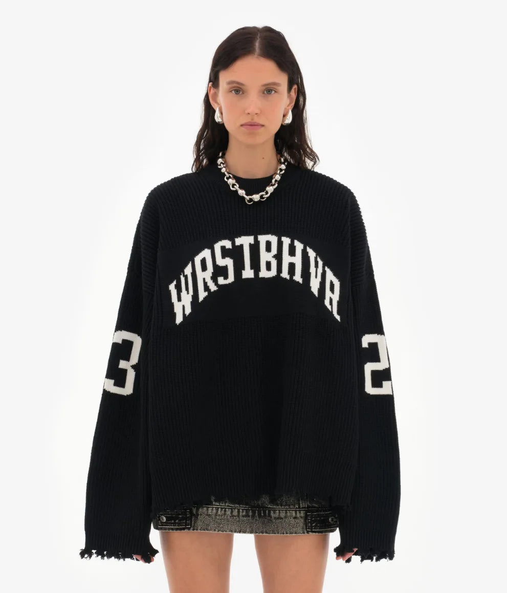 Trendy Loose Letter Jacquard Knitted Pullover Women's 2025 Autumn New Highstreet Gray Black Soft Sweater Hottie Versatile Pieces