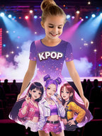 Kpop Cartoon Graphic Dress for Girls Funny Gift for Fan Harajuku Girl Clothes Summer Tops Short Sleeve Dress Children's Clothing