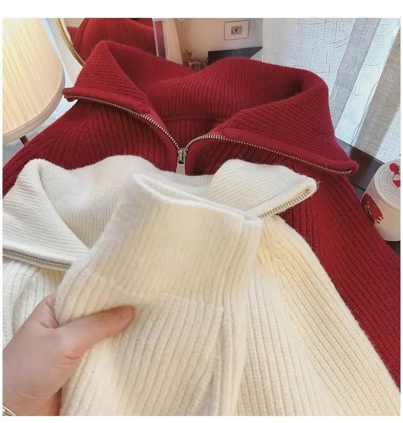 Half Zip Collar Sweater Women Pullovers Soft Knitted Long Sleeve Short Jumper Fall Winter Teen-girl Korean Fashion Outfit