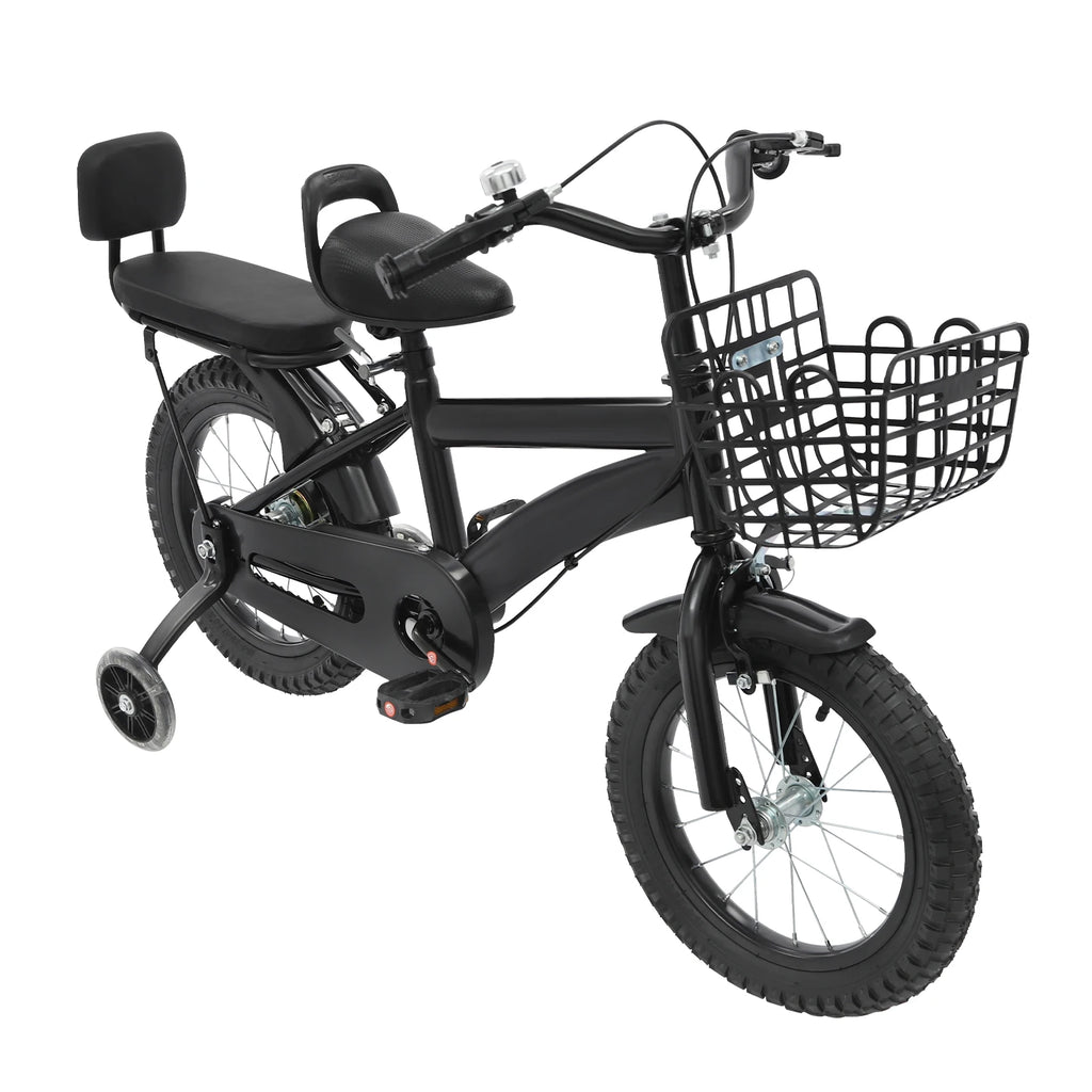 14" Kids Bike Adjustable Children's Bicycle Load 60kg w/Training Wheels+Basket+Backrest Rear Seat for 3-7 Year Old (White/Black)