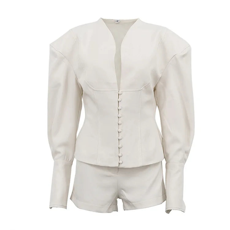 FANTOYE Sexy Deep V-Neck Long Sleeve Shoulder Pads Women 2 Piece Sets Beige Single Breasted Tops Short Pants Winter Lady Outfits