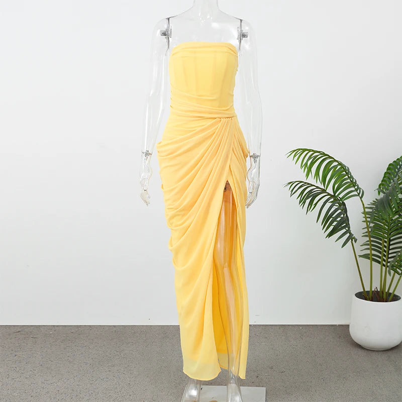 Women Solid Pleated Sexy Strapless Dress Lady Chic Off-shoulder Backless High Waist Split Dresses 2026 New Evening Party Gown
