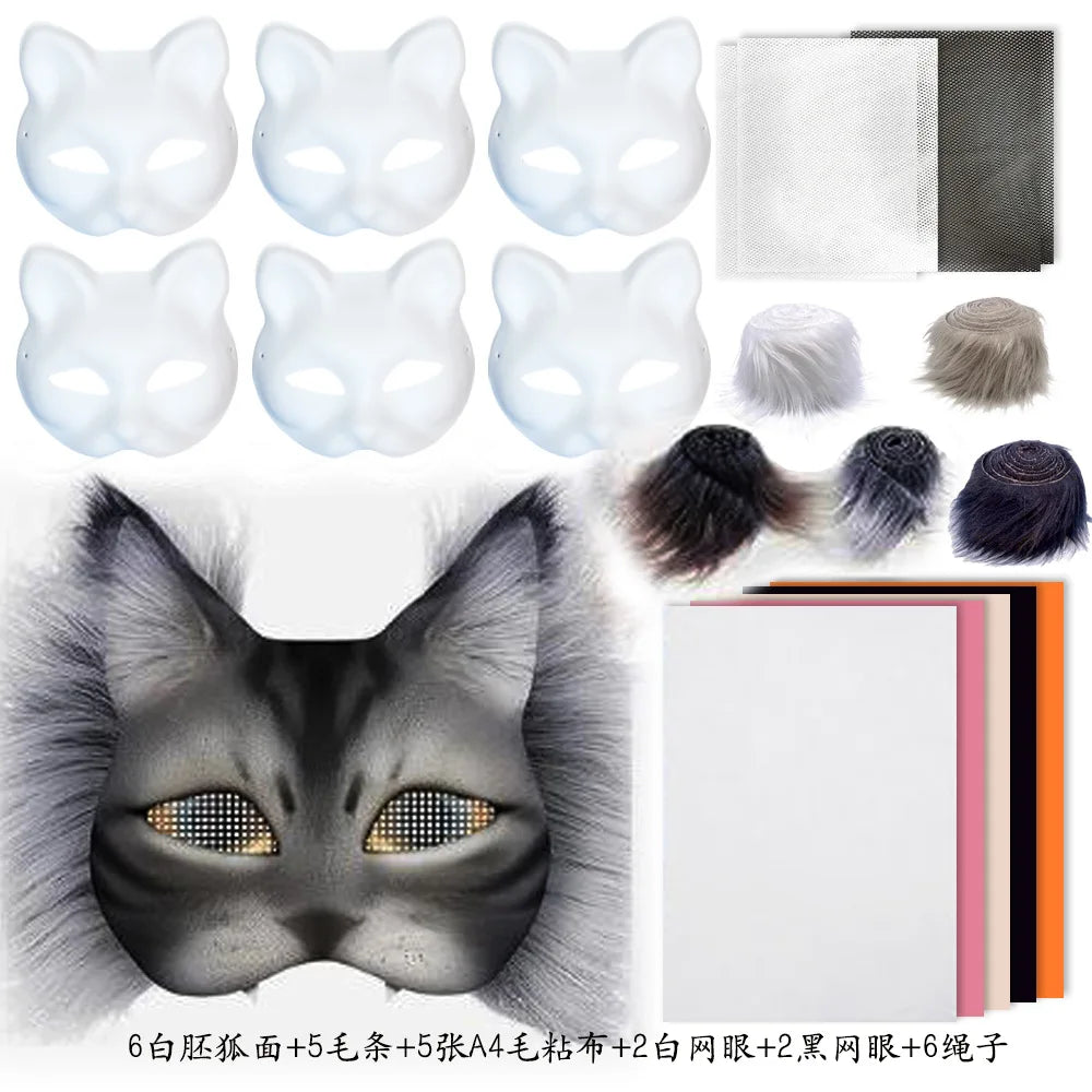 Cross-border Hot-selling New Gray-haired Dumb White Cat Set Plush Sticky PVC Hand-painted DIY Mask