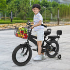 14" Kids Bike Adjustable Children's Bicycle Load 60kg w/Training Wheels+Basket+Backrest Rear Seat for 3-7 Year Old (White/Black)