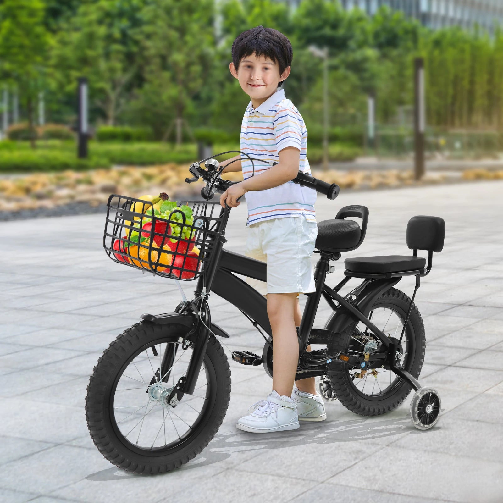 14" Kids Bike Adjustable Children's Bicycle Load 60kg w/Training Wheels+Basket+Backrest Rear Seat for 3-7 Year Old (White/Black)