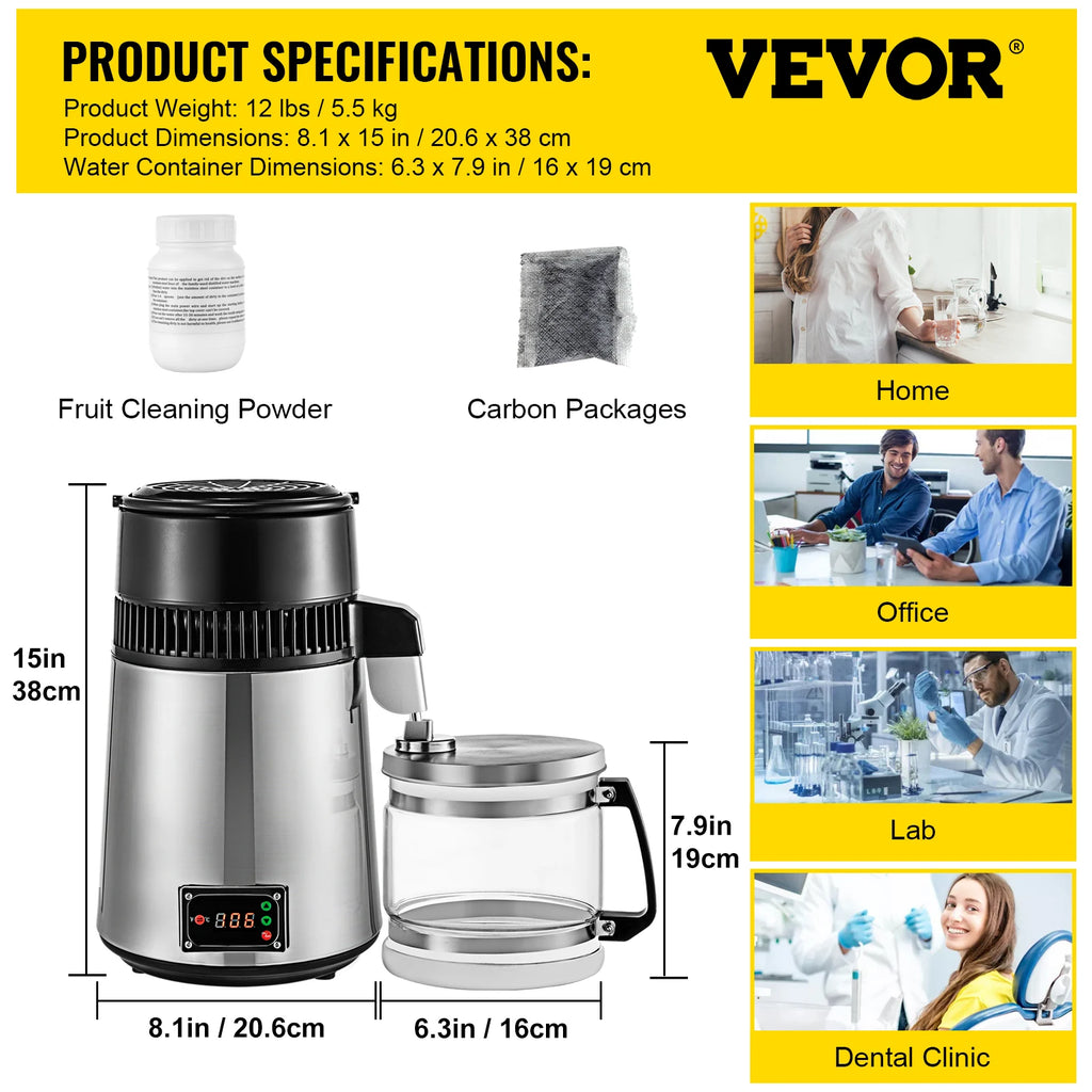 SucceBuy 4L Water Distiller Purifier Filter Dispenser Drinking Softener Dual Temp Display Overheat Protection Home Appliance