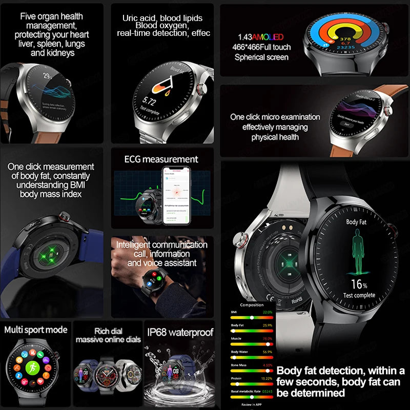 2025 New Nursing Grade Smart Watch Blood oxygen Blood Lipid Uric Acid ECG+PPG Body Temperature Bluetooth Call Health Smartwatch