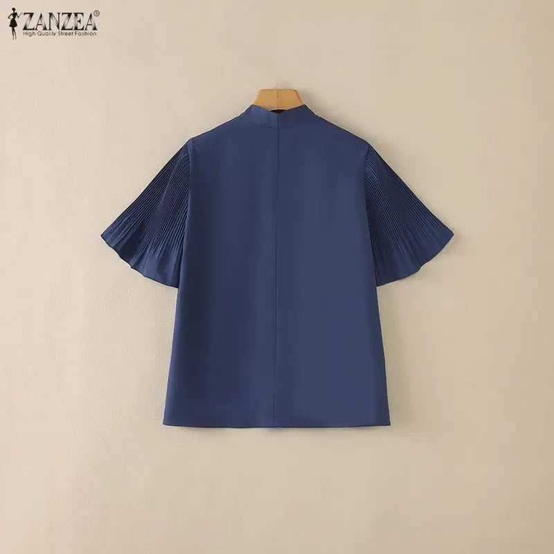 2026 ZANZEA Elegant Summer Blouse Women Stand Neck Short Sleeve Tops Stylish Solid OL Work Shirt Casual Lace-Up Holiday Tunic