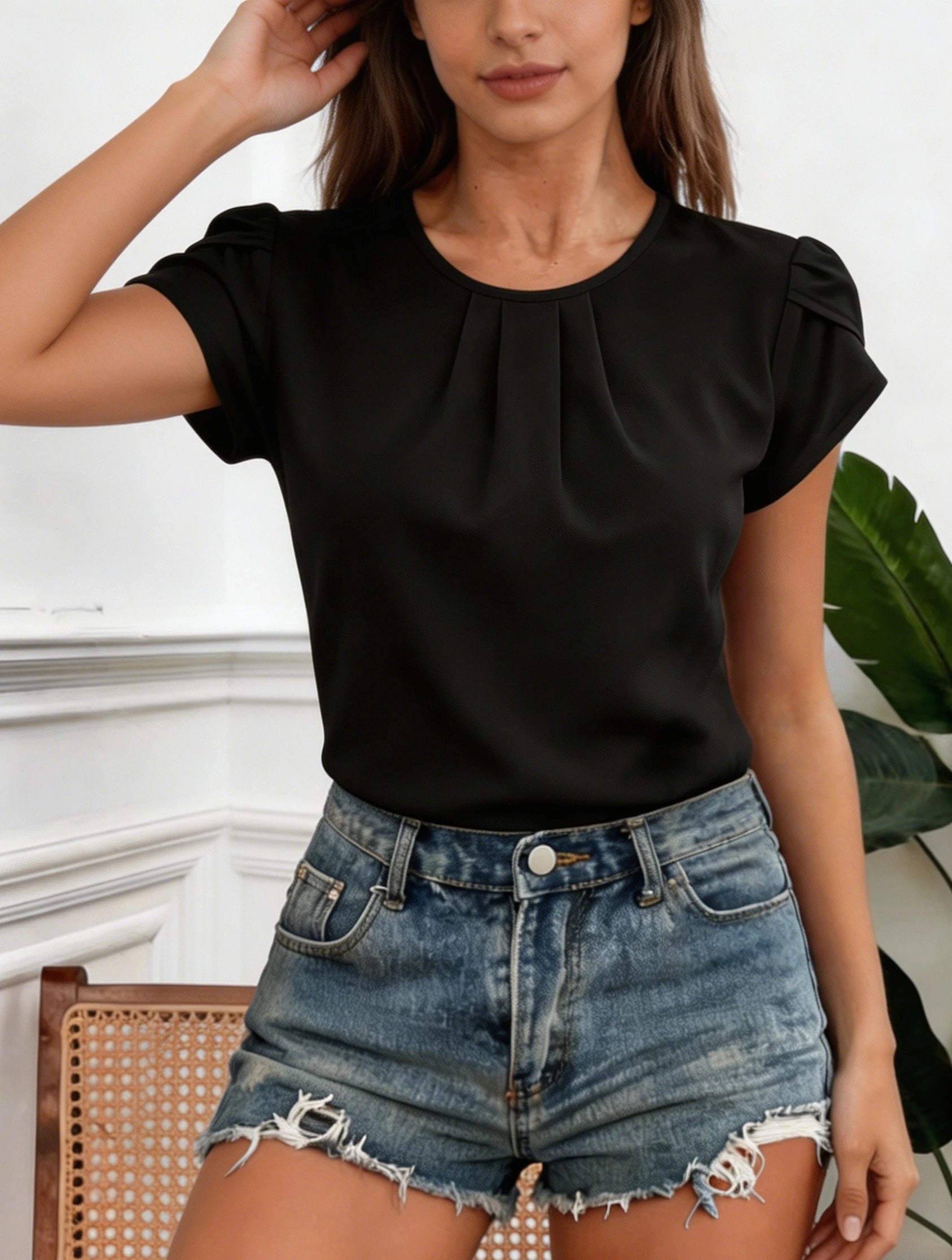 Women Chiffon Blouse Black Round Neck Pleated Puff Sleeve Top Loose Fit Casual Chic Shirts Tops Spring Summer Office Daily Wear