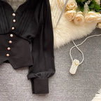 White Casual Polo-Neck Pullover Buttons Puff Sleeve Straight Women's Blouse Short Shirt Female Clothing Tops 2024 Fashion