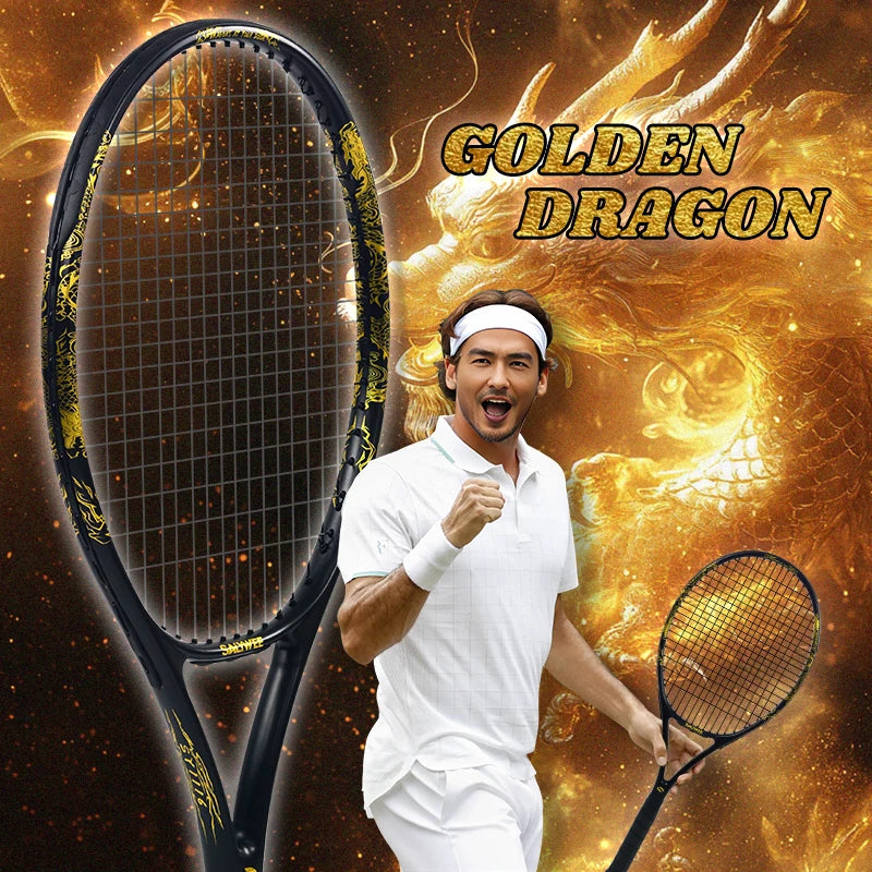 Golden-Dragon Carbon Fiber Tennis Racket For Adults, Ideal for Intermediate Training, Chinese Style Dragon, 50~60lbs, Free Gifts Main image