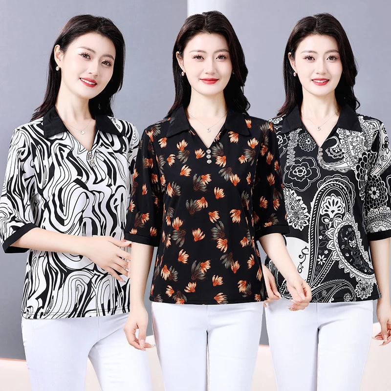 Summer half sleeve Shirt Fashion Commute All-match Ice Silk Printed Button Loose Women's Blouses Top Secondary image