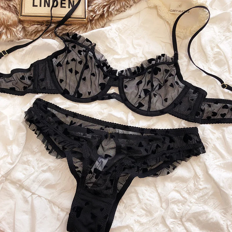 New Lingerie Thongs Set Sexy Ultra Thin Transparent Bra Women Underwire Push Up Bra Set Summer Romantic Peach Heart Underwear