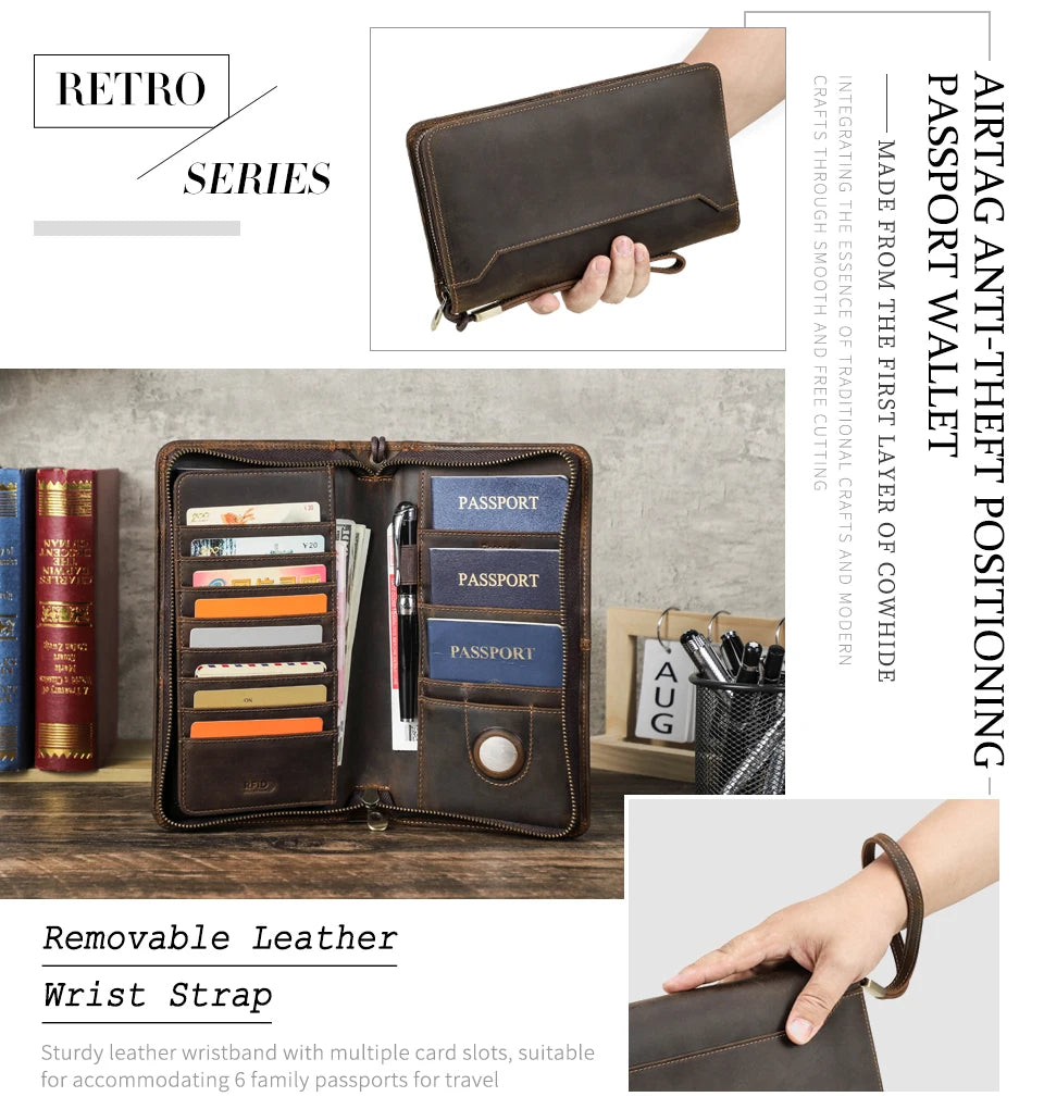 Family Passport Wallet with AirTag Slot for Travel Genuine Leather Credit Card Boarding Pass Holder Pen Cover Money Clutch Bag