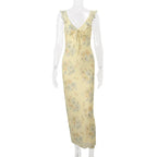 Cryptographic Summer Floral Print Plunge Maxi Dress Outfits Sexy Backless Fairy Sun Dresses Vacation Beachwear Vestido Coquette