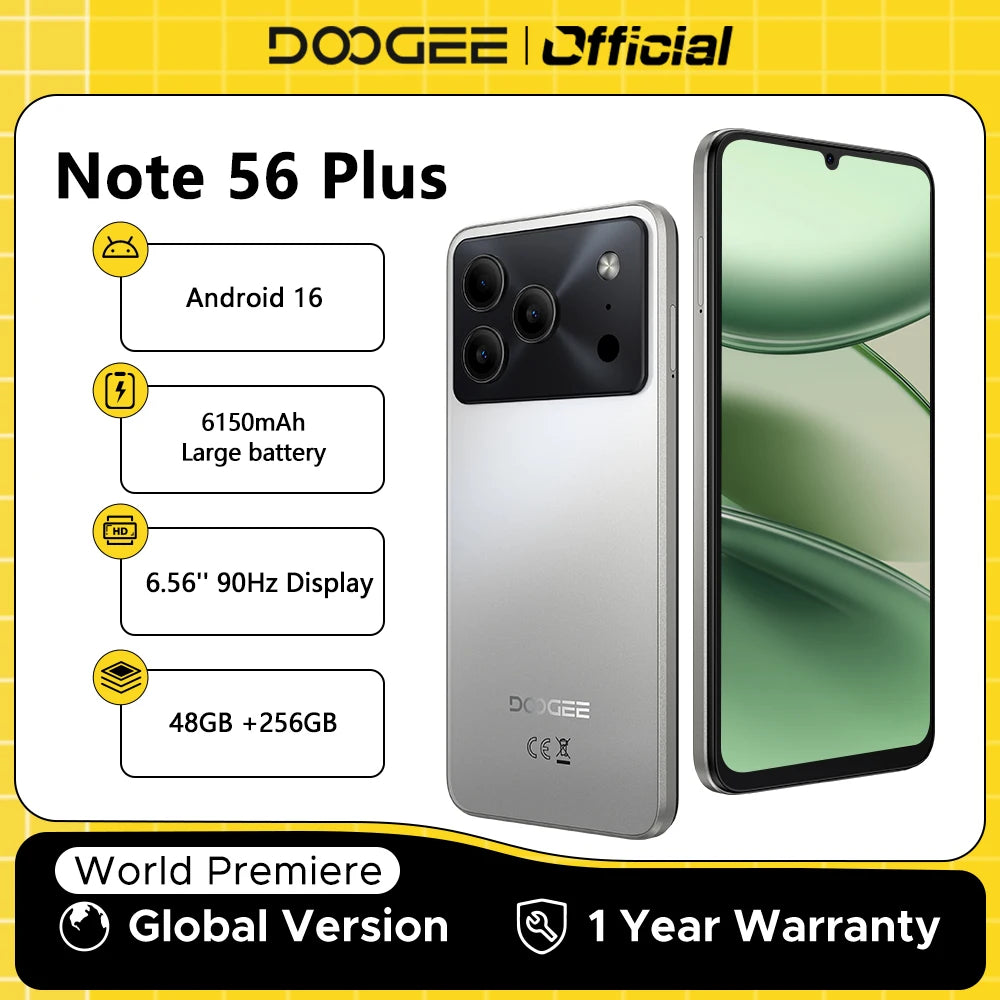 Global Version DOOGEE Note56 Plus Android 16 Smartphone 48GB+256GB 6150mAh Large Battery 6.56'' 90Hz Display 50MP Camera NFC Main image