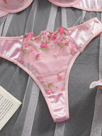 Pink Floral Embroidery Lingerie Set 2PCS Underwired Semi-Sheer Front Closure Back Double Hooks Sexy Underwear for Romantic Occas