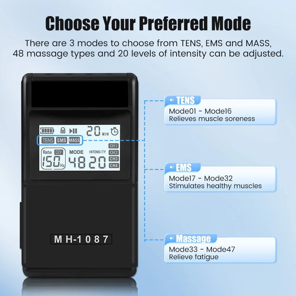 Digital TENS EMS Unit 4-Channel Tens Electrostimulator Rechargeable Muscle Stimulator with 20 Intensity Levels for  Pain Relief