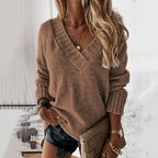 Fashionable casual women's autumn and winter new solid color sweater women's foreign trade V-neck long sleeve pullover knit top