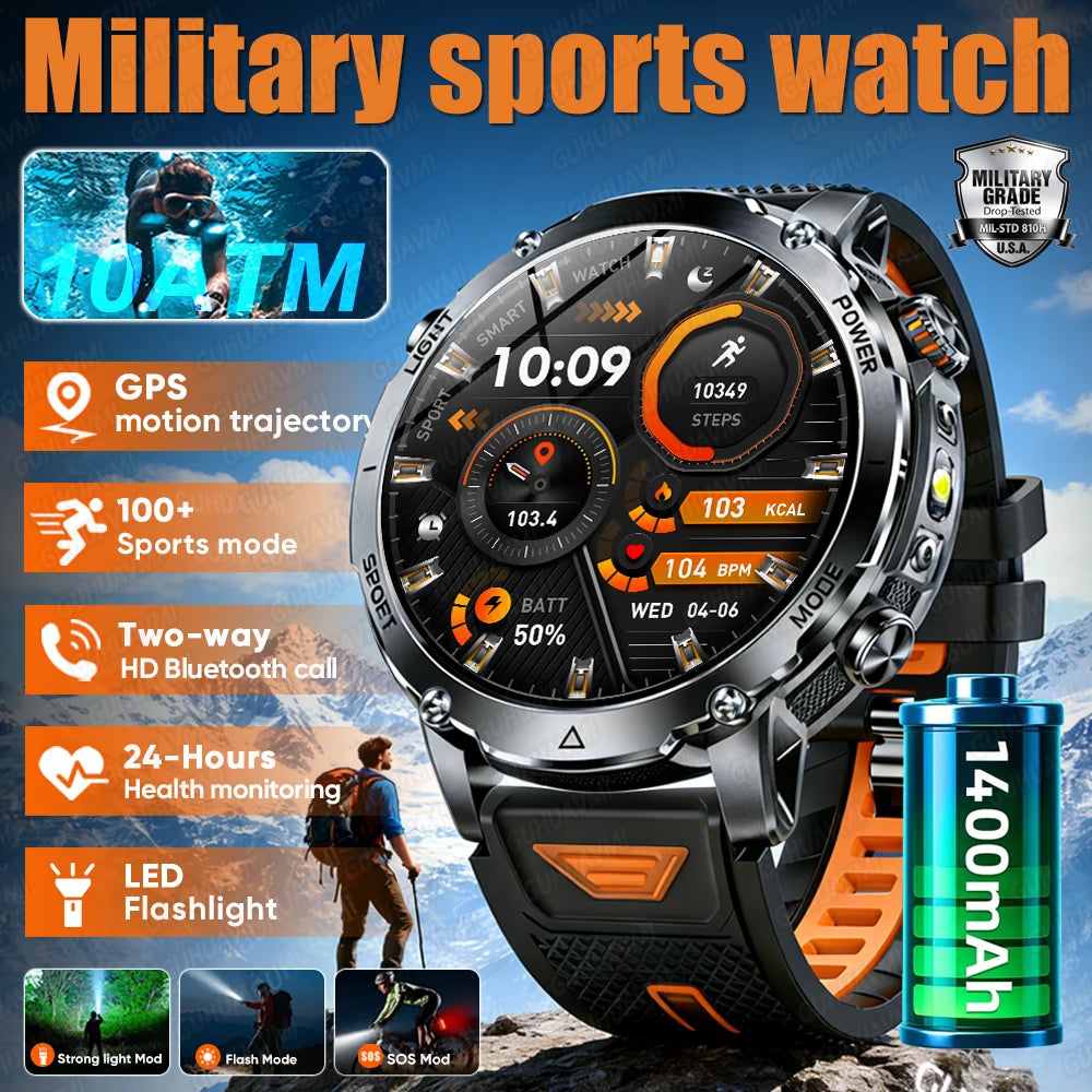2026 New TANK Ultra 1400mAh Battery Military Smart Watch 10ATM Waterproof Heart Rate Tactical LED Flashlight Men Sports Bracelet Main image