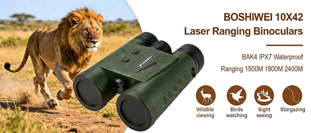 BOSHIWEI 10x42 HD Binoculars with Laser Rangefinder IPX7 Waterproof Ergonomic Design for Long Time Outdoor Viewing and Measuring