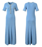 Elegant Contrasting Women Knit Maxi Dress Chic O-neck Short Sleeve Metal Buttons Bodycon Dresses Office Lady Commuting Robe
