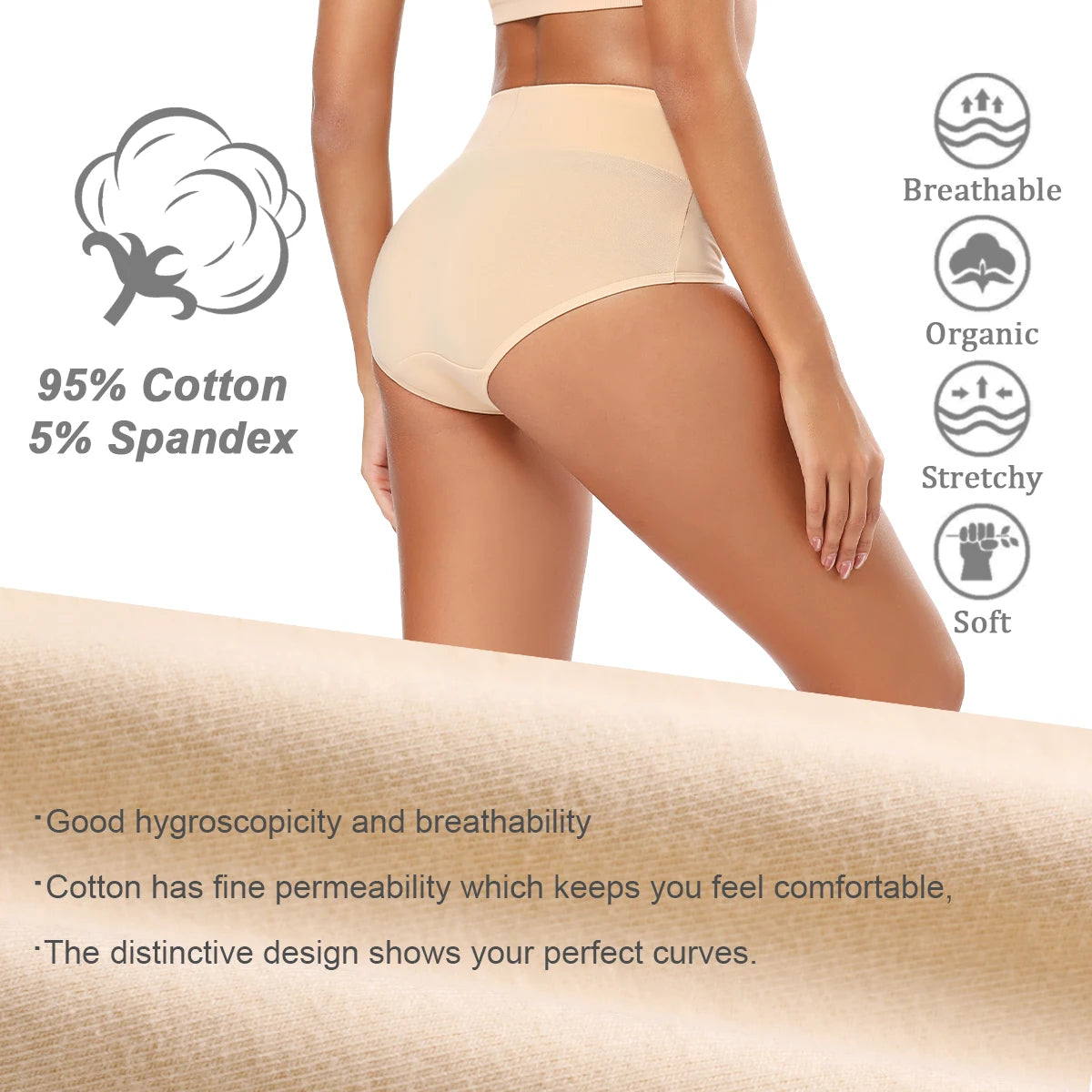 Molasus 5pcs Women's Cotton Panties Seamless Underwear High Waist Full Coverage Ladies Briefs Set Breathable Underpant Plus Size