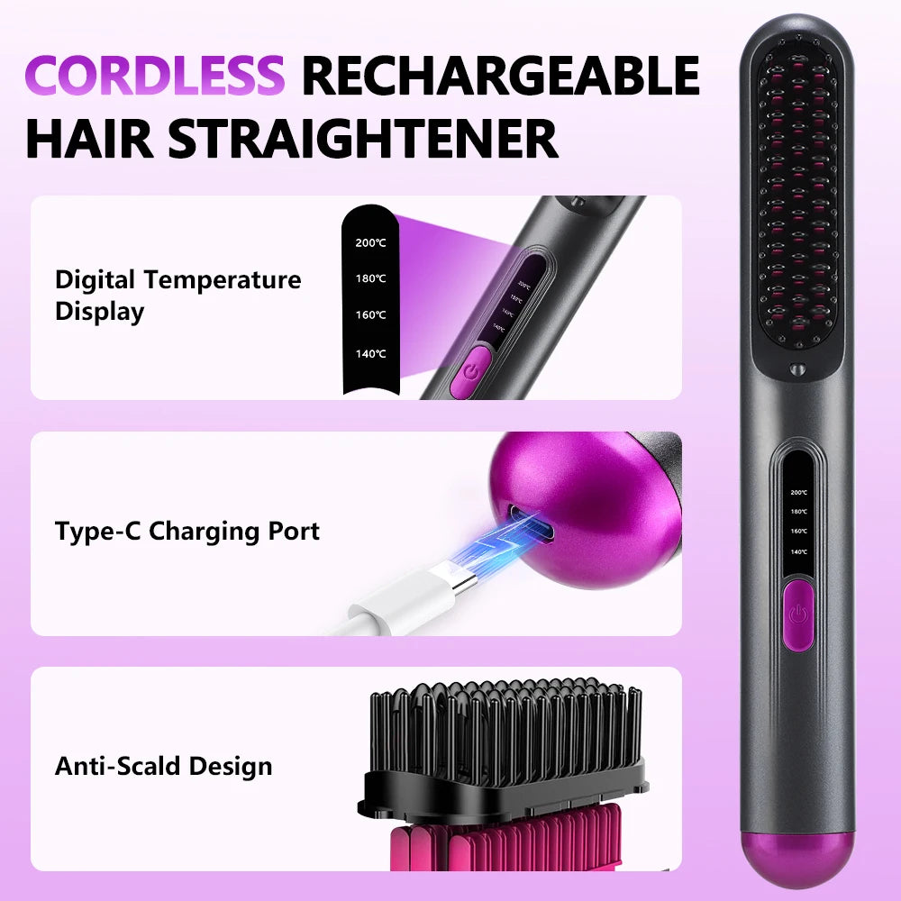 Cordless Hair Straightener Brush 3 Temperature Electric Negative Ions Ceramic Anti-Scald Heated Comb Hair Styling Tools