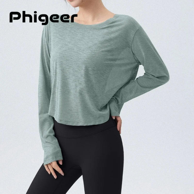 DRUR Women's Long Sleeve Yoga T-Shirts, Loose Fit Sports Fitness Crop Tops Casual Lightweight Thin Shirt For Gym Street Travel Main image