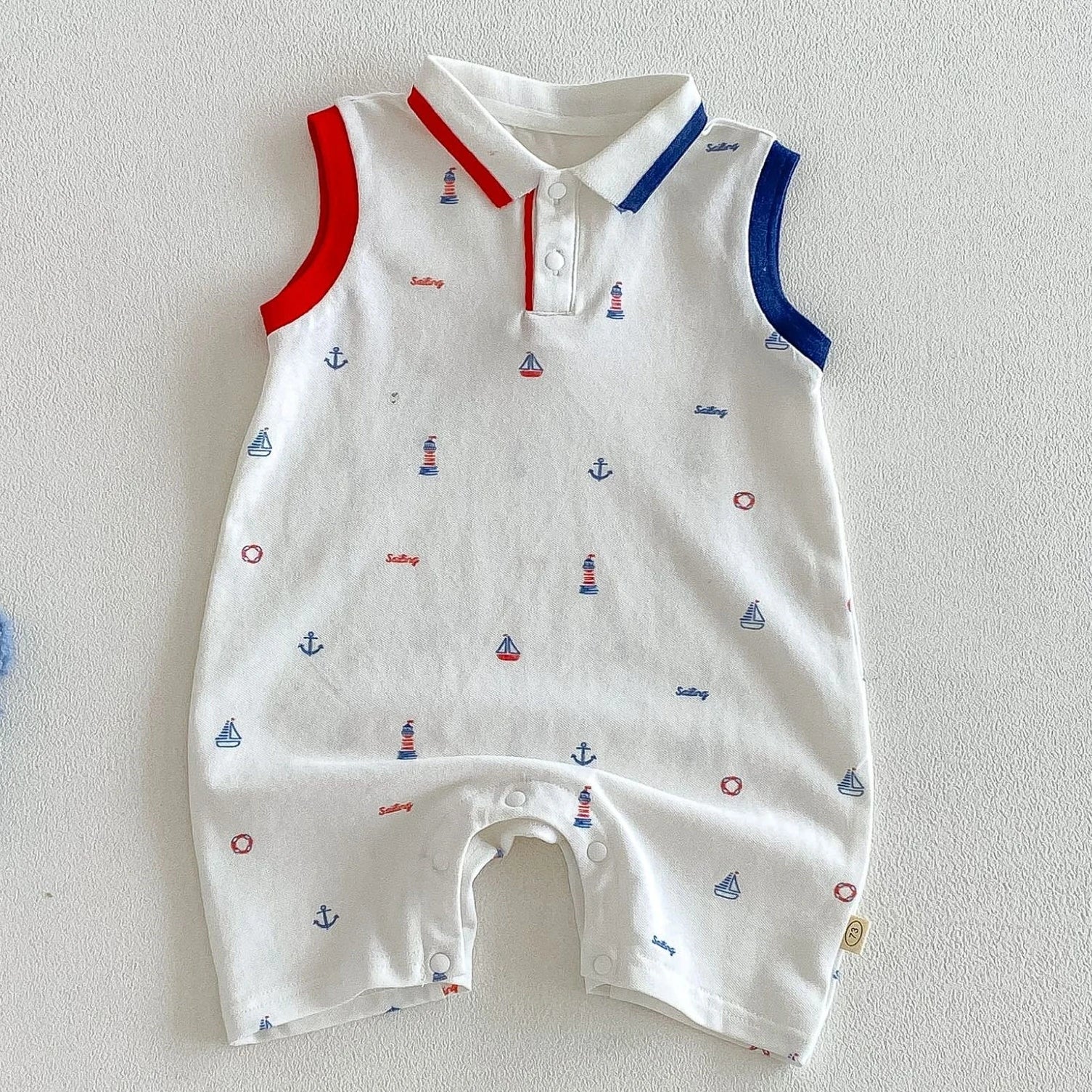 2026 New Summer 0-2Y Baby Clothes Cartoon Print Sleeveless Polo Romper Breathable Mesh Fabric with Placket Snap Closure