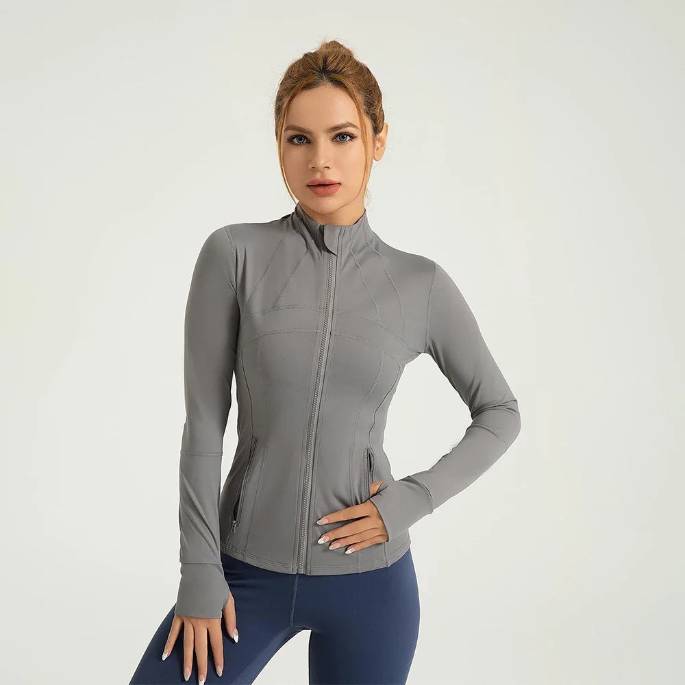 Women's Full-Zip Long Sleeve Yoga Jacket – Slim Fit Workout Jacket with Thumb Holes & Side Pockets, 5 Colors Available