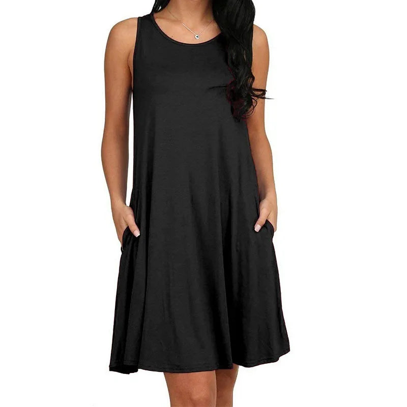 Women's Dress Summer Casual T Shirt Dresses Beach Cover up Plain Pleated Tank Pockets Dress Secondary image