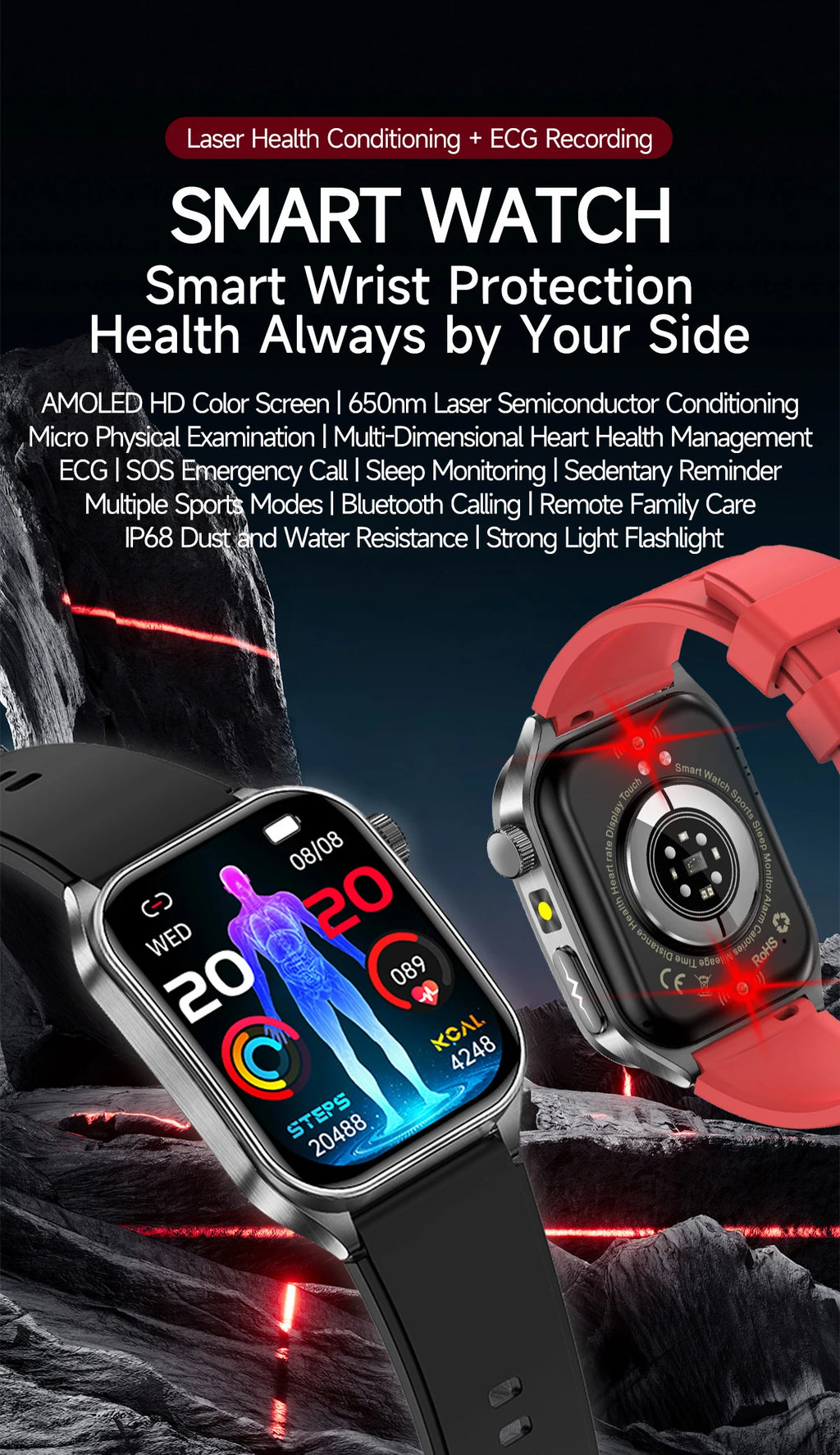 2026 New Health Smart Watch Laser Therapy Reduce Three Highs Blood Oxygen Pressure Uric Acid Blood Lipid ECG Smartwatch For Man
