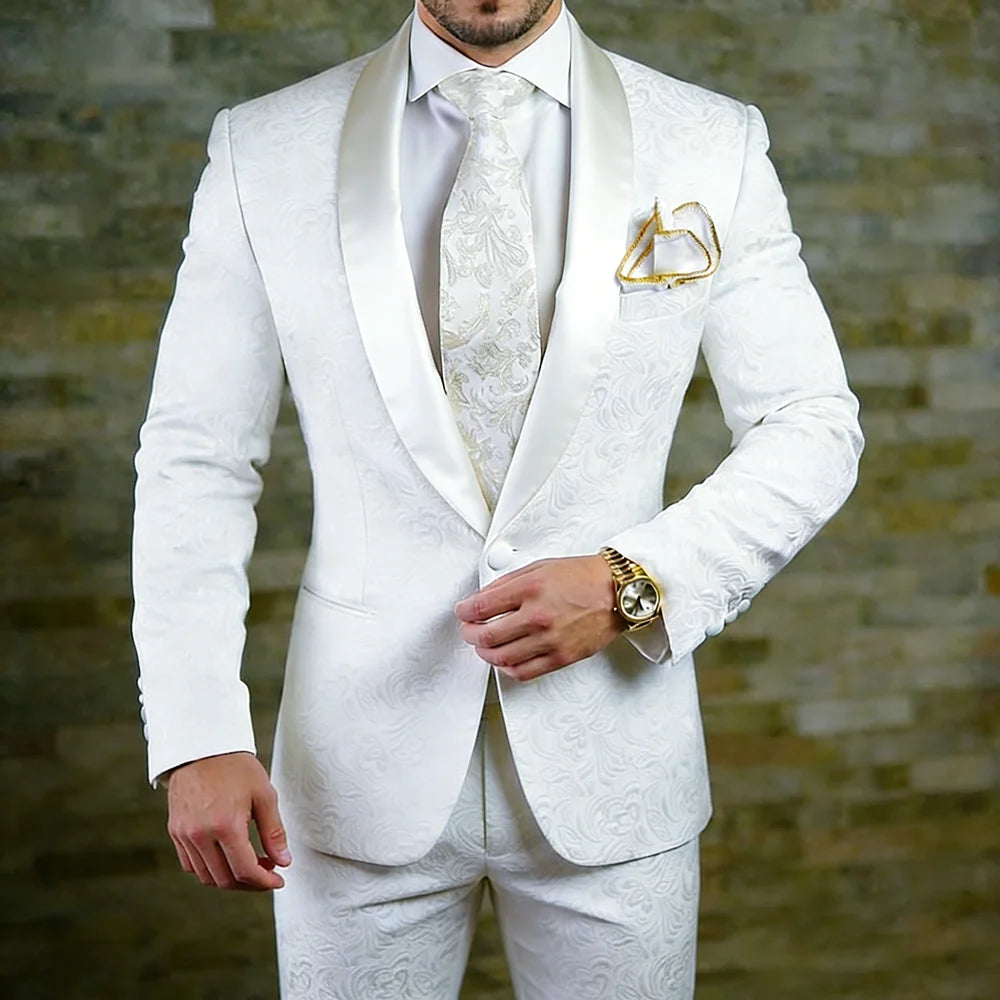 Elegant White Jacquard Fabric Men's Suits In Stock Formal One-Button Slim Fit Back Vent Shawl Lapel 2 Piece Jacket Pants Blazer Secondary image