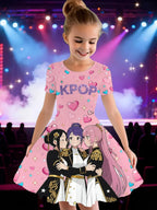 Kpop Cartoon Graphic Dress for Girls Funny Gift for Fan Harajuku Girl Clothes Summer Tops Short Sleeve Dress Children's Clothing