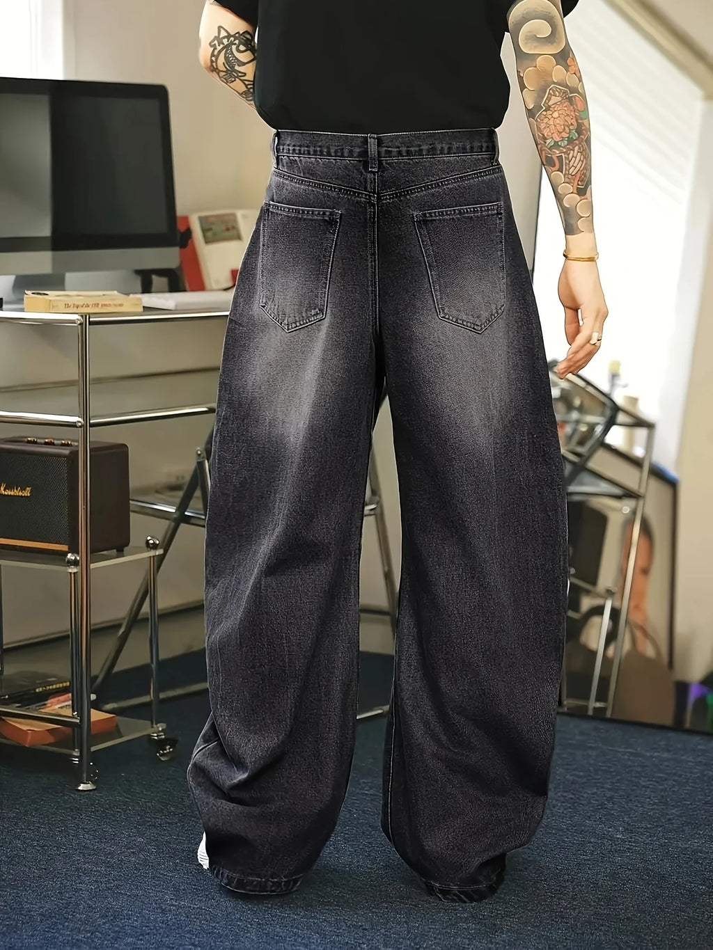 1Pc Men's Daily Travel Casual American Street Loose Jeans, Black, Light Blue, Sea Blue Fashion Street Style Retro Lantern Jeans  Denim Pants
