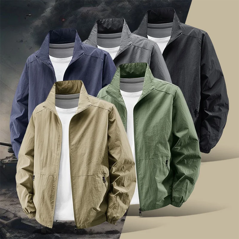 Men's Stand Collar Jacket Spring Breathable Lightweight Anti-Wrinkle Windbreaker Outdoor Sport Casual Quick-Drying Work Jackets