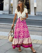 Women's Elastic Waist Printed Large Swing Skirt, Boho Spliced Midi Skirt, Suitable for Beach and Daily Wear