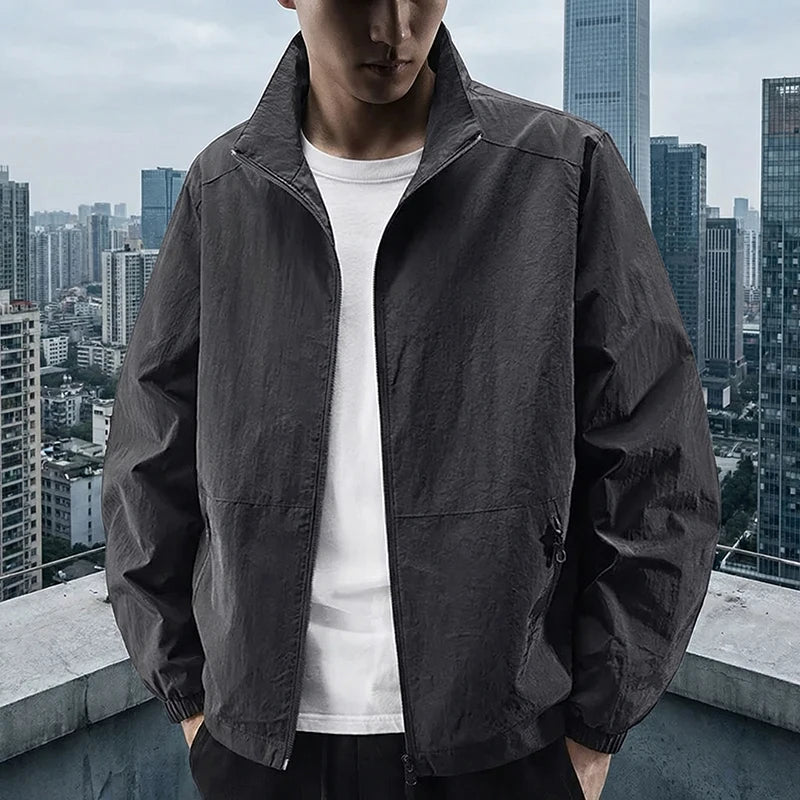Men's Stand Collar Jacket Spring Breathable Lightweight Anti-Wrinkle Windbreaker Outdoor Sport Casual Quick-Drying Work Jackets