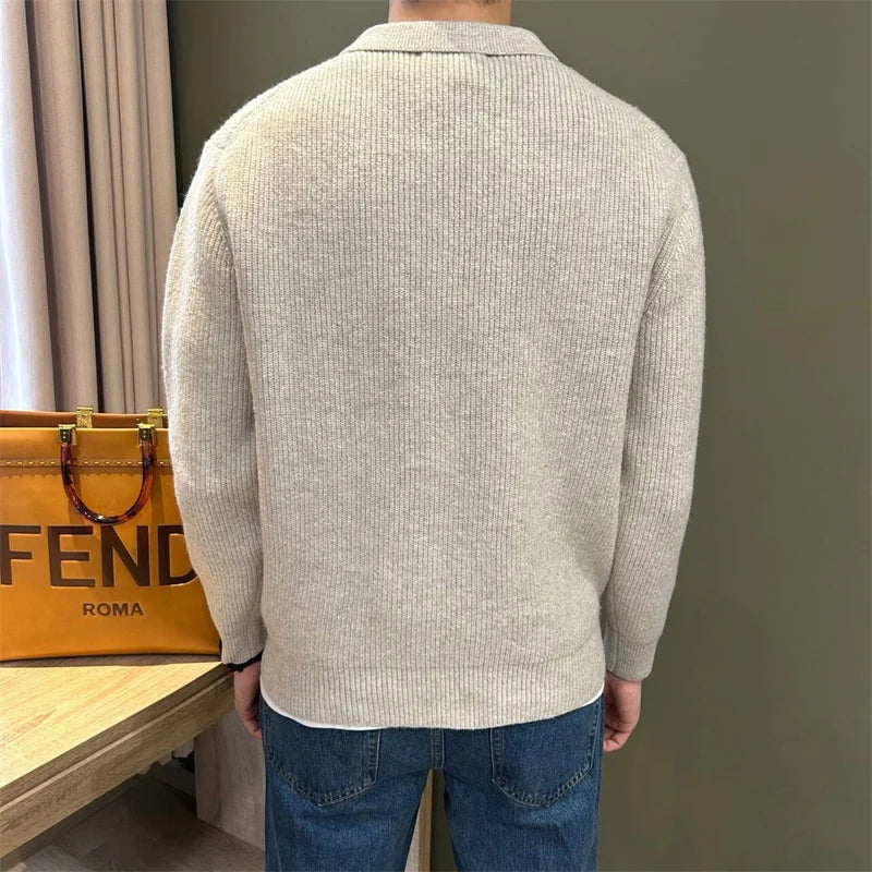 Winter Men's Solid Color Polo Neck Knitted Sweaters Casual Retro Warm Pullovers Knitwear Elegant Y2K Streetwear Jersey Hombre