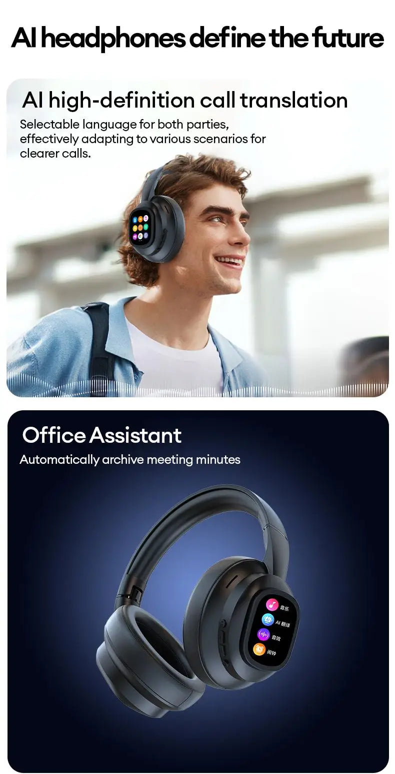 AI LCD Touch Screen Shock Bass Headsets HIFI Sound Wireless Bluetooth Headphones ANC Noise Reduction Gamer Earphones With Mic