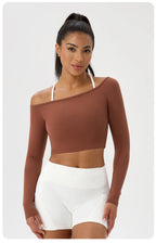 Yoga long-sleeved T-shirt women's one-shoulder sexy tight fitness wear top nude feel quick-drying sports sleeved Yoga Shirts
